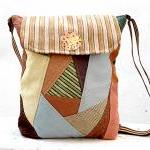 Backpack or Hobo Bag Green Beige Brown, Cotton Patchwork Bag, Book Bag, City Bag. Ready to Ship, OOAK