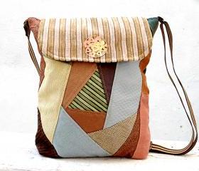 Backpack or Hobo Bag Green Beige Brown, Cotton Patchwork Bag, Book Bag, City Bag. Ready to Ship, OOAK