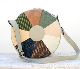 Round Backpack or Round Bag Green Beige Blue, Cotton Patchwork Bag. Ready to Ship, Single Copy.