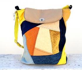 Backpack or Hobo Bag Blue Yellow Beige, Cotton Patchwork Bag, Book Bag, City Bag. Ready to Ship, Single Copy.